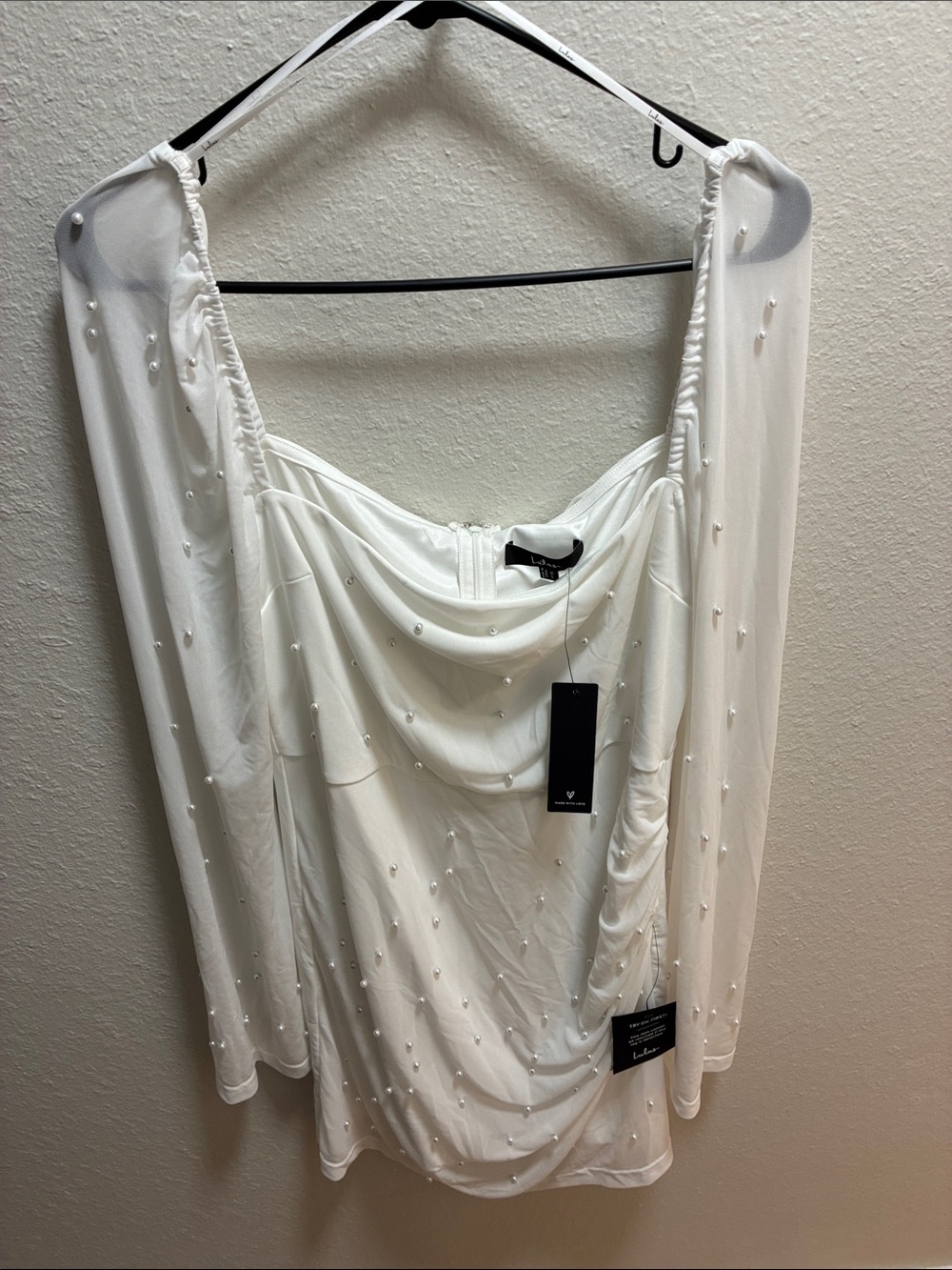 Lulu's White Pearl-Studded Sheer-Sleeve Mini Dress